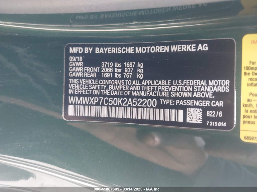 2019 MINI HARDTOP VIN: WMWXP7C50K2A52200