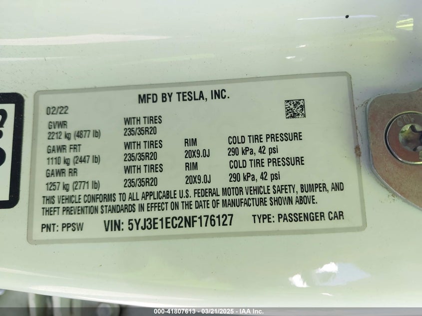 2022 TESLA MODEL 3 VIN: 5YJ3E1EC2NF176127
