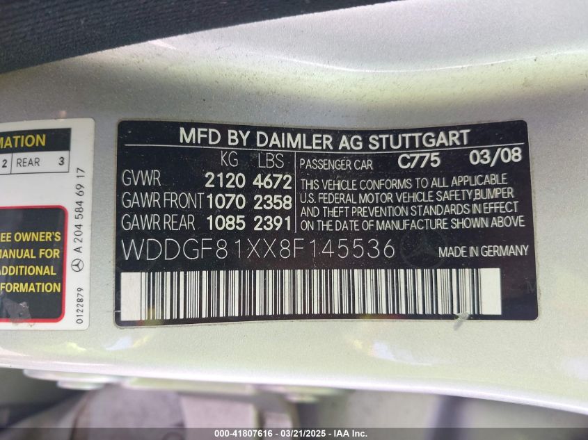 2008 Mercedes-Benz C 300 Luxury 4Matic/Sport 4Matic VIN: WDDGF81XX8F145536 Lot: 41807616