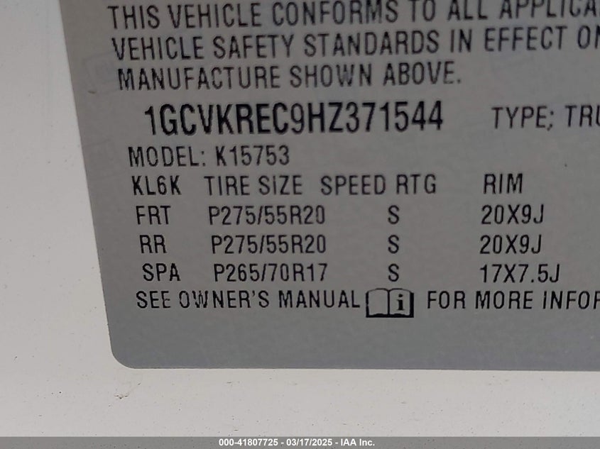 2017 CHEVROLET SILVERADO 1500 VIN: 1GCVKREC9HZ371544