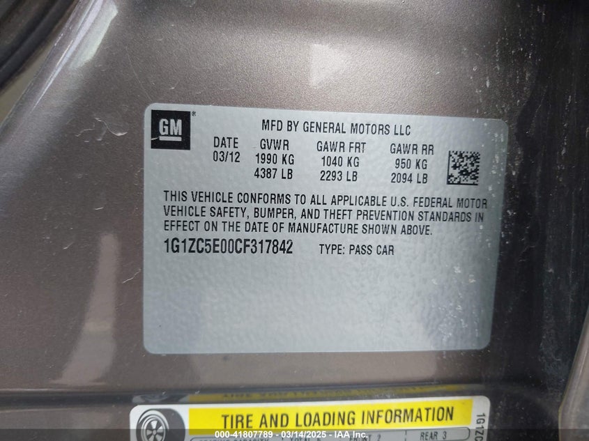 2012 CHEVROLET MALIBU VIN: 1G1ZC5E00CF317842