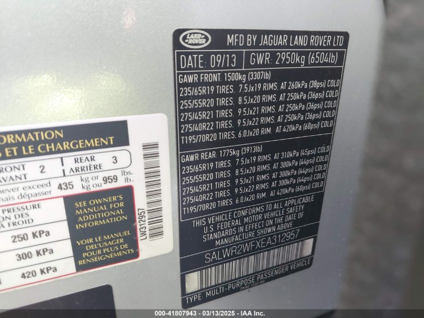 2014 Land Rover Range Rover Sport 3.0L V6 Supercharged Hse VIN: SALWR2WFXEA312957 Lot: 41807943
