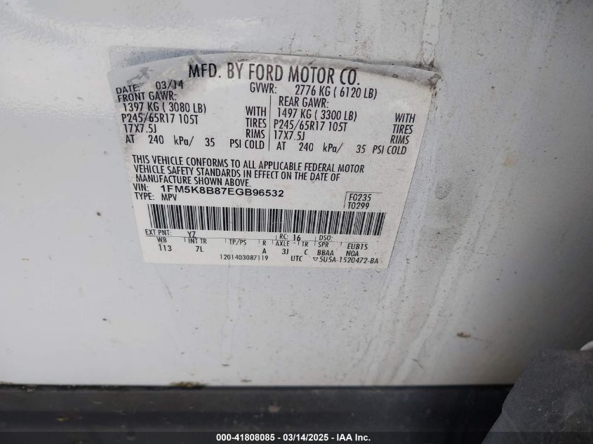 2014 Ford Explorer VIN: 1FM5K8B87EGB96532 Lot: 41808085