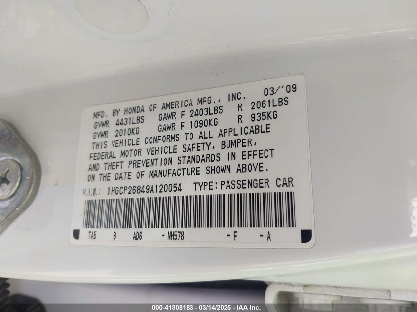 2009 HONDA ACCORD VIN: 1HGCP26849A120054