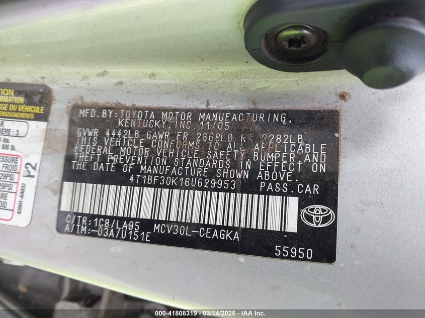 2006 TOYOTA CAMRY VIN: 4T1BF30K16U629953