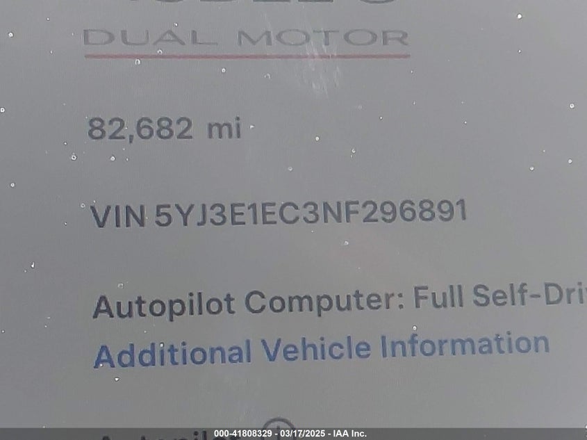 2022 TESLA MODEL 3 VIN: 5YJ3E1EC3NF296891