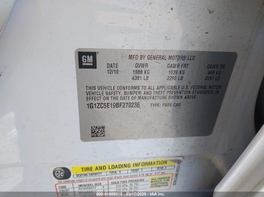 2011 CHEVROLET MALIBU VIN: 1G1ZC5E19BF270236