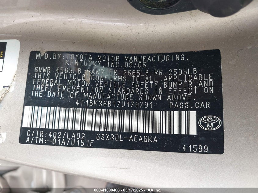 2007 TOYOTA AVALON VIN: 4T1BK36B17U179791