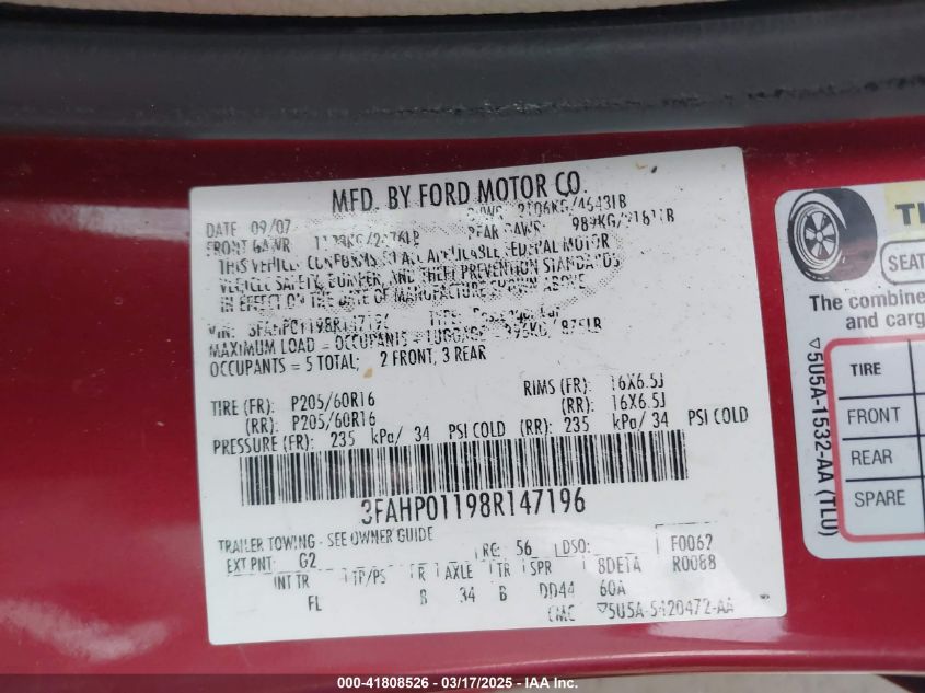 2008 Ford Fusion Se VIN: 3FAHP01198R147196 Lot: 41808526