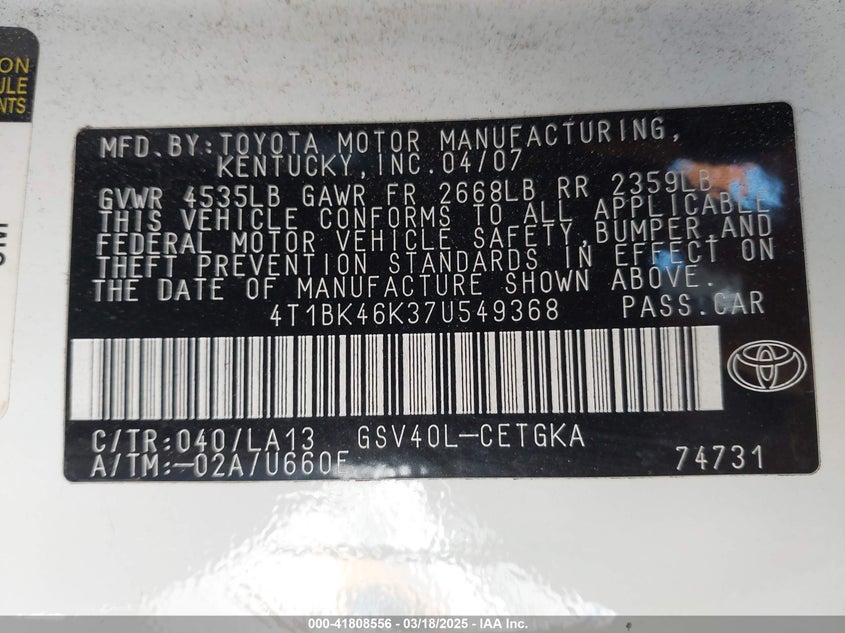 2007 TOYOTA CAMRY VIN: 4T1BK46K37U549368
