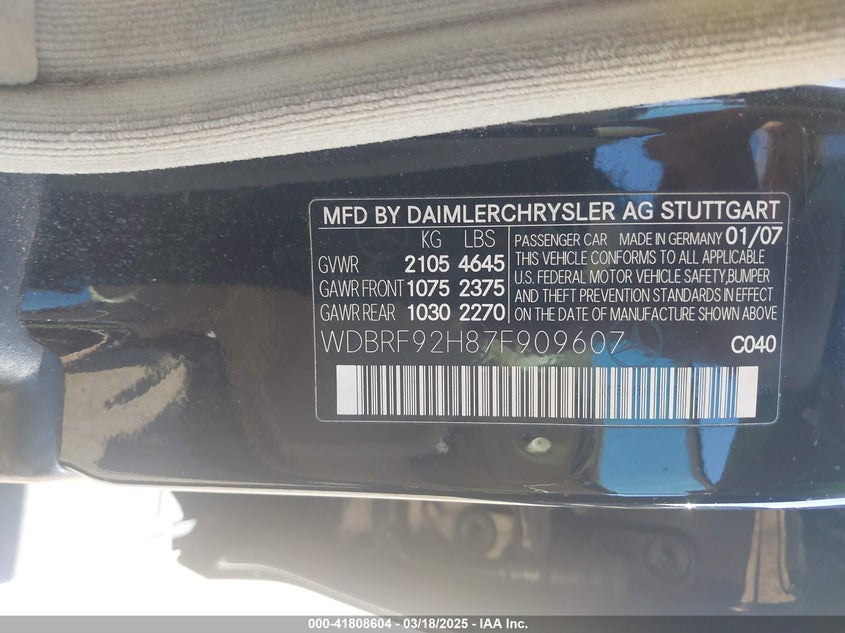 2007 MERCEDES-BENZ C 280 VIN: WDBRF92H87F909607