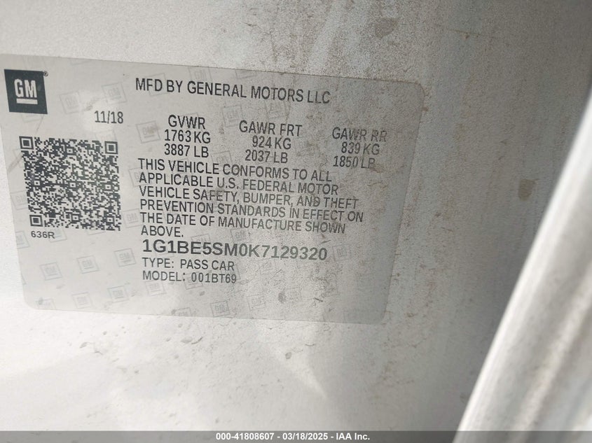 2019 CHEVROLET CRUZE VIN: 1G1BE5SM0K7129320
