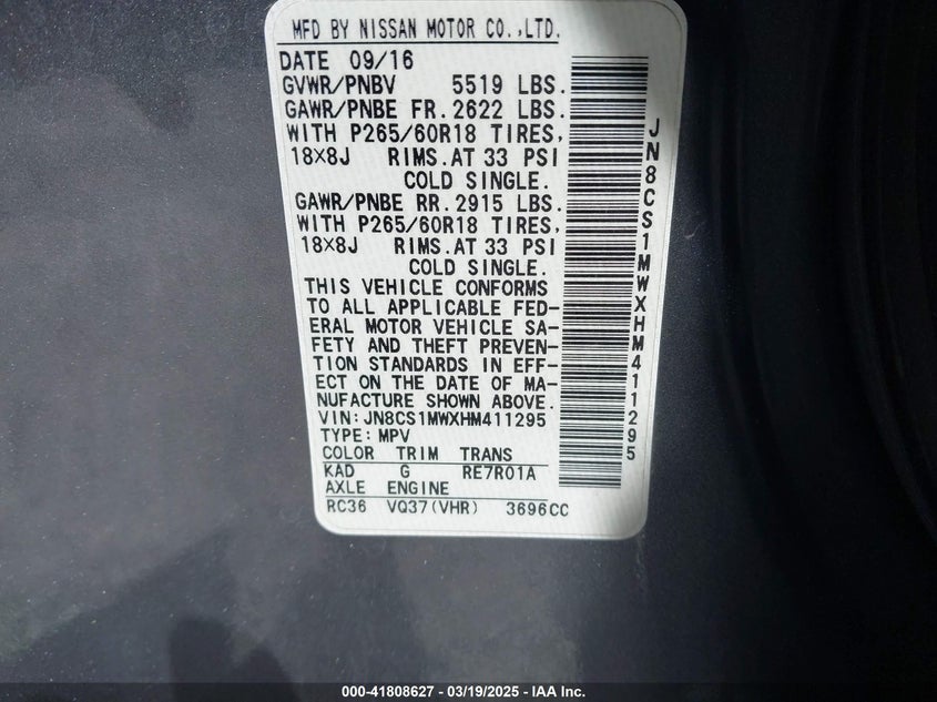 2017 Infiniti Qx70 VIN: JN8CS1MWXHM411295 Lot: 41808627