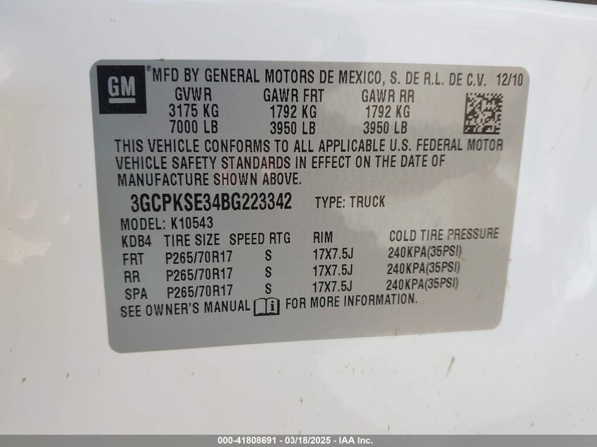 2011 CHEVROLET SILVERADO 1500 VIN: 3GCPKSE34BG223342