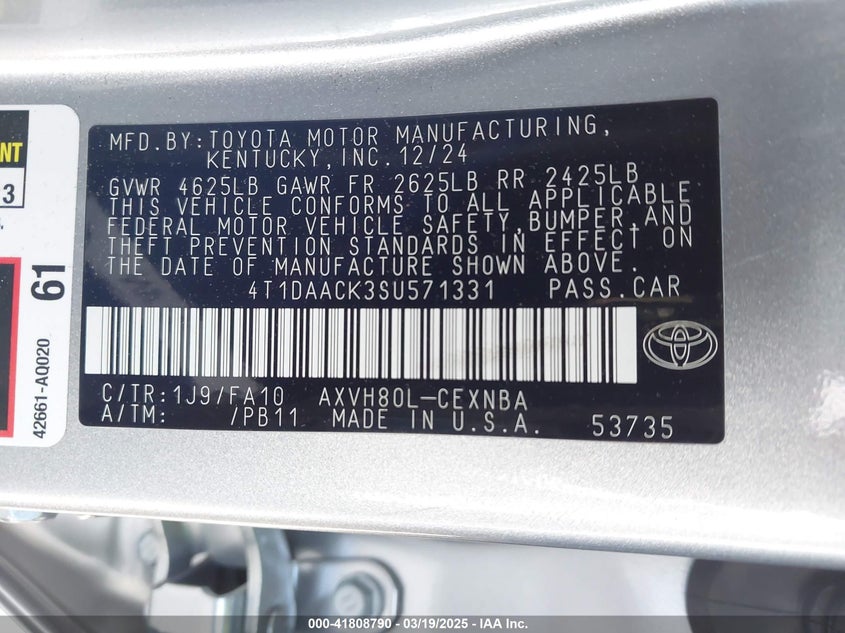 2025 TOYOTA CAMRY 2.5L I-4 DI, DOHC, V(VIN: 4T1DAACK3SU571331