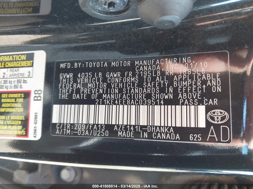 2010 TOYOTA MATRIX VIN: 2T1KE4EE8AC039514