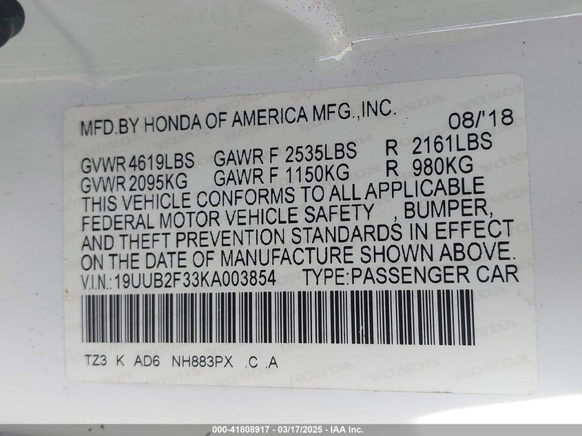 2019 ACURA TLX VIN: 19UUB2F33KA003854