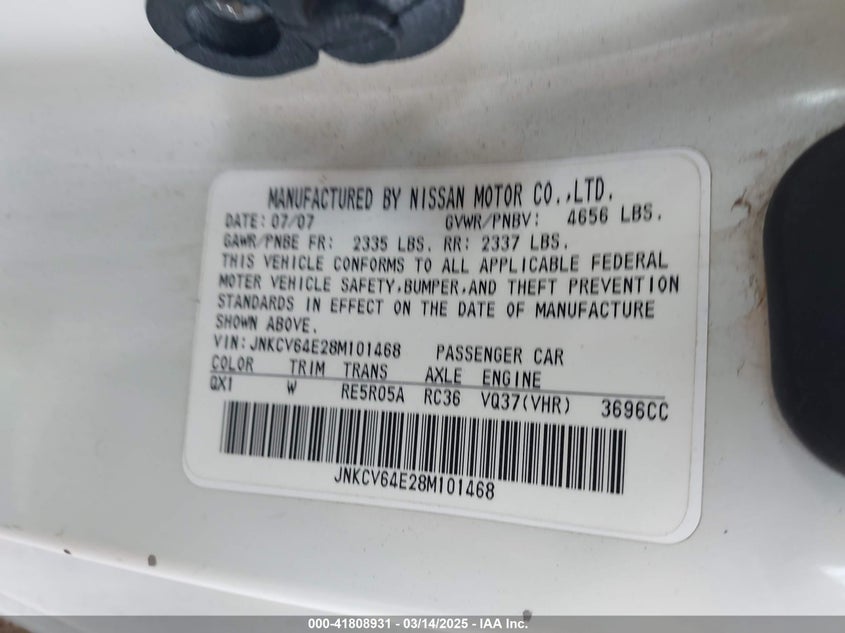 2008 INFINITI G37 VIN: JNKCV64E28M101468