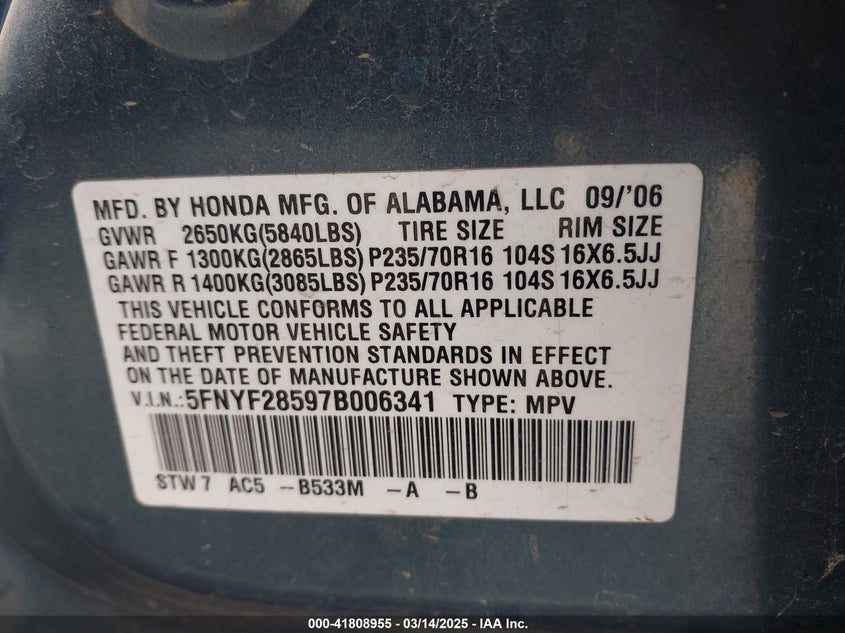 2007 HONDA PILOT VIN: 5FNYF28597B006341