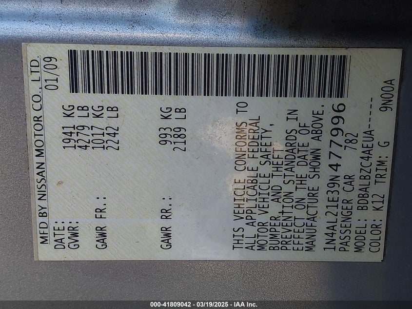 2009 NISSAN ALTIMA VIN: 1N4AL21E39N477996