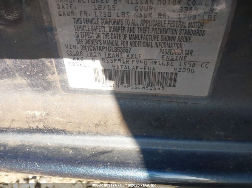 2016 Nissan Versa 1.6 S VIN: 3N1CN7AP1GL853557 Lot: 41809174