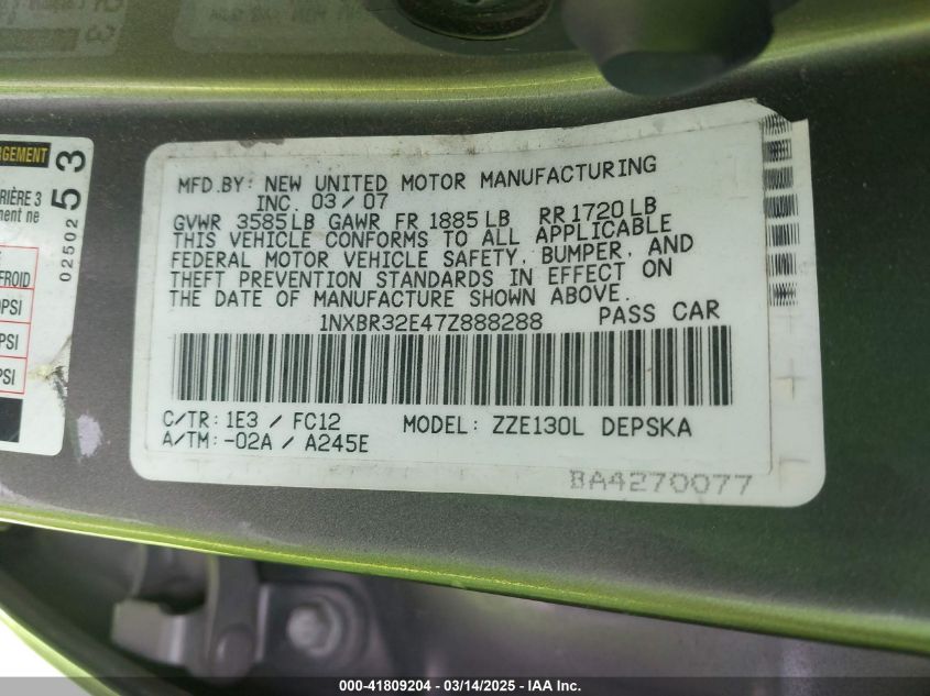 2007 Toyota Corolla S VIN: 1NXBR32E47Z888288 Lot: 41809204