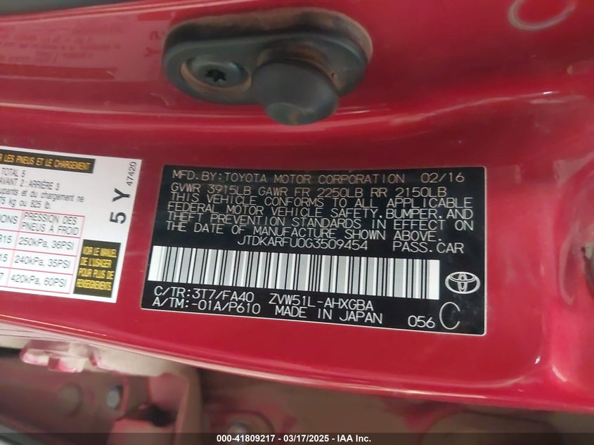 2016 TOYOTA PRIUS VIN: JTDKARFU0G3509454