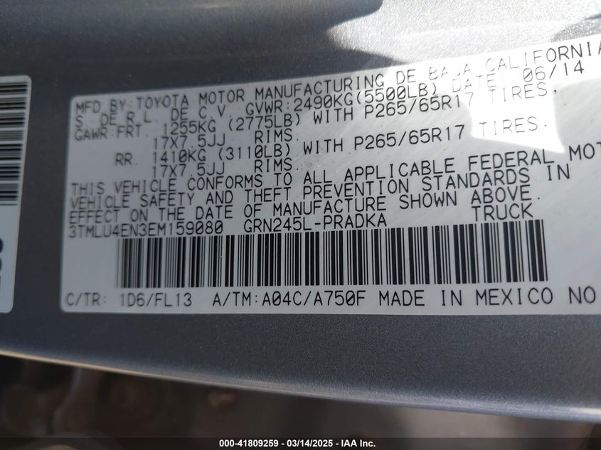 2014 TOYOTA TACOMA VIN: 3TMLU4EN3EM159080