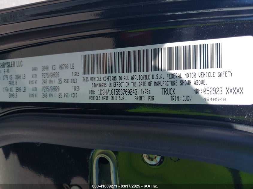 2009 Dodge Ram 1500 VIN: 1D3HV18T595700243 Lot: 41809271