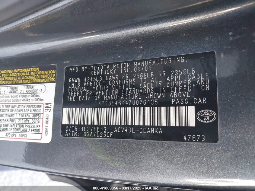 2007 TOYOTA CAMRY VIN: 4T1BE46K47U076135