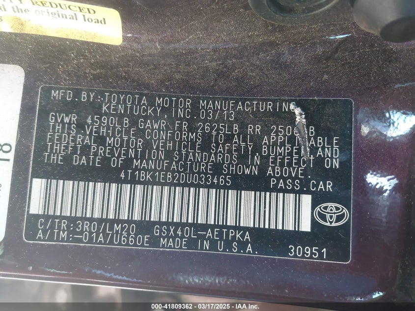 2013 TOYOTA AVALON LIMITED - 4T1BK1EB2DU033465