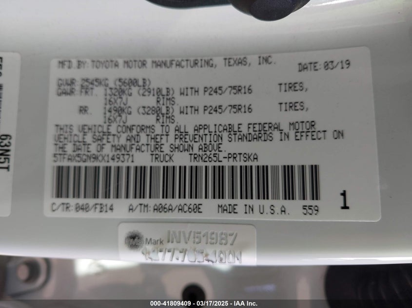 2019 TOYOTA TACOMA VIN: 5TFAX5GN9KX149371