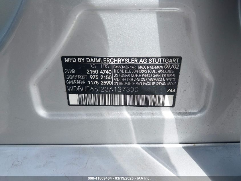 2003 Mercedes-Benz E 320 VIN: WDBUF65J23A137300 Lot: 41809434