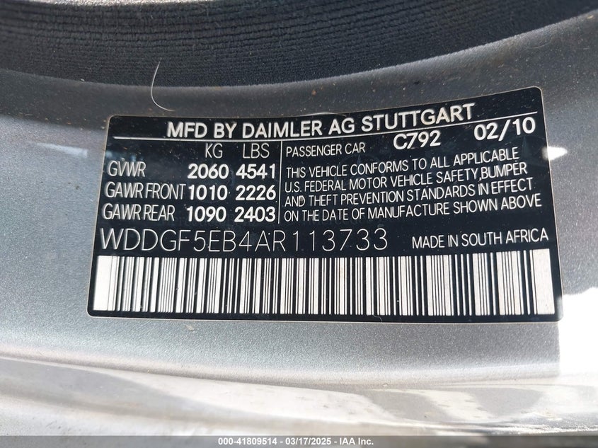 2010 MERCEDES-BENZ C 300 VIN: WDDGF5EB4AR113733