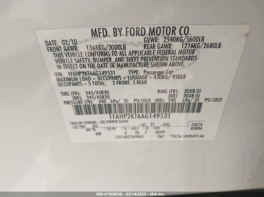 2010 Ford Taurus Sho VIN: 1FAHP2KT6AG149531 Lot: 41809536