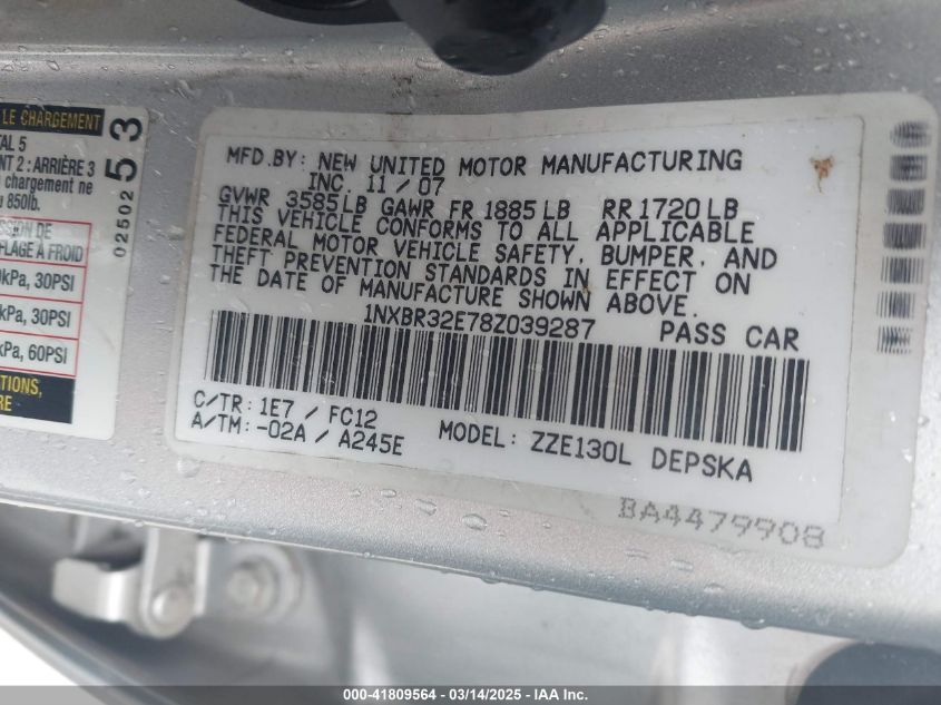 2008 Toyota Corolla S VIN: 1NXBR32E78Z039287 Lot: 41809564