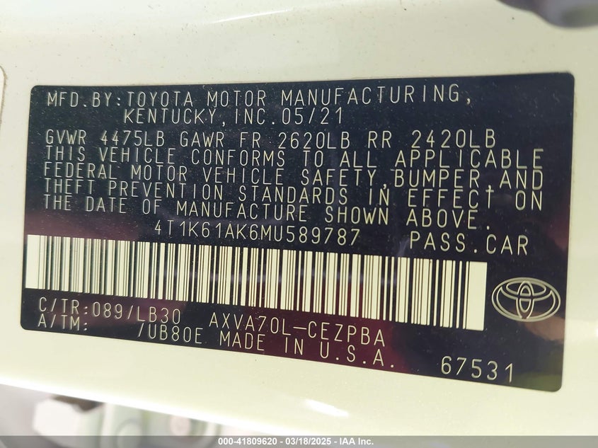 2021 TOYOTA CAMRY VIN: 4T1K61AK6MU589787
