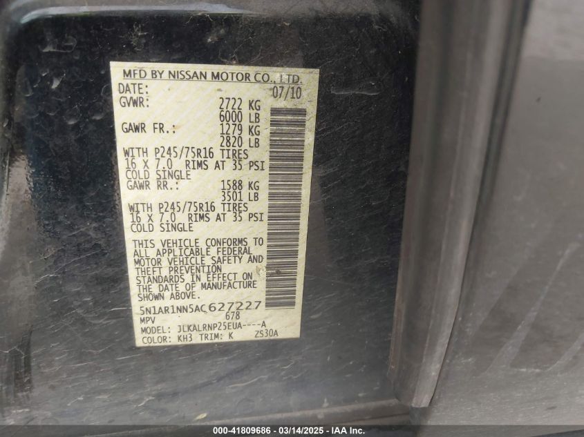 2010 Nissan Pathfinder S Fe+ VIN: 5N1AR1NN5AC627227 Lot: 41809686