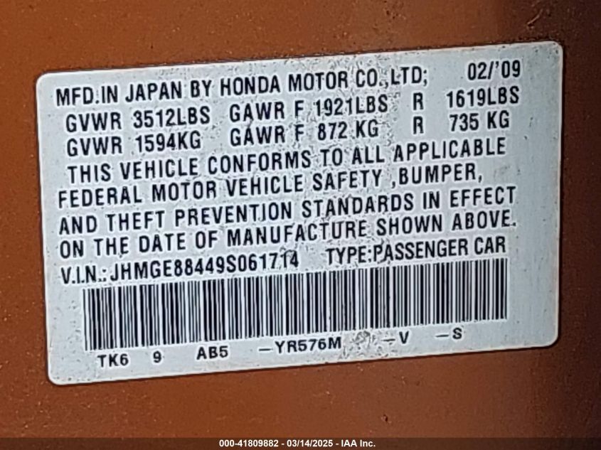 2009 Honda Fit Sport VIN: JHMGE88449S061714 Lot: 41809882