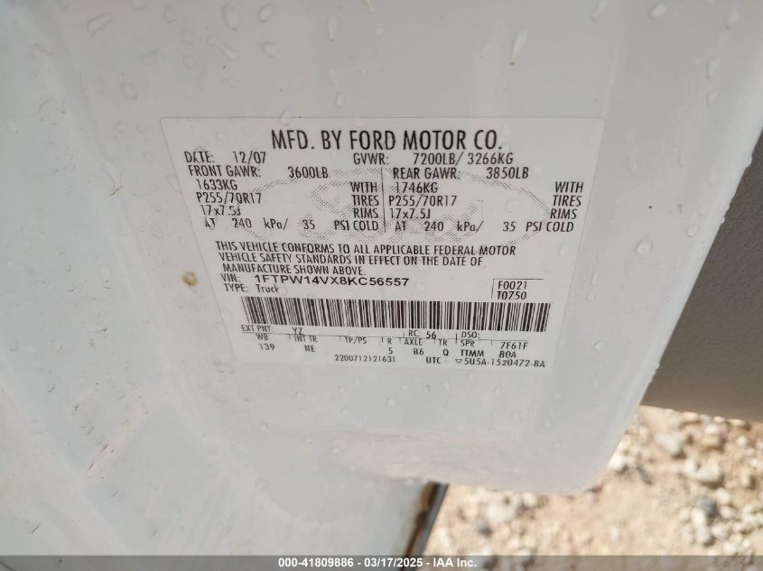 2008 Ford F-150 Xlt VIN: 1FTPW14VX8KC56557 Lot: 41809886