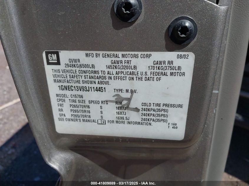 2003 Chevrolet Tahoe Ls VIN: 1GNEC13V93J114451 Lot: 41809889