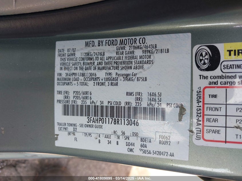 2008 FORD FUSION VIN: 3FAHP01178R113046