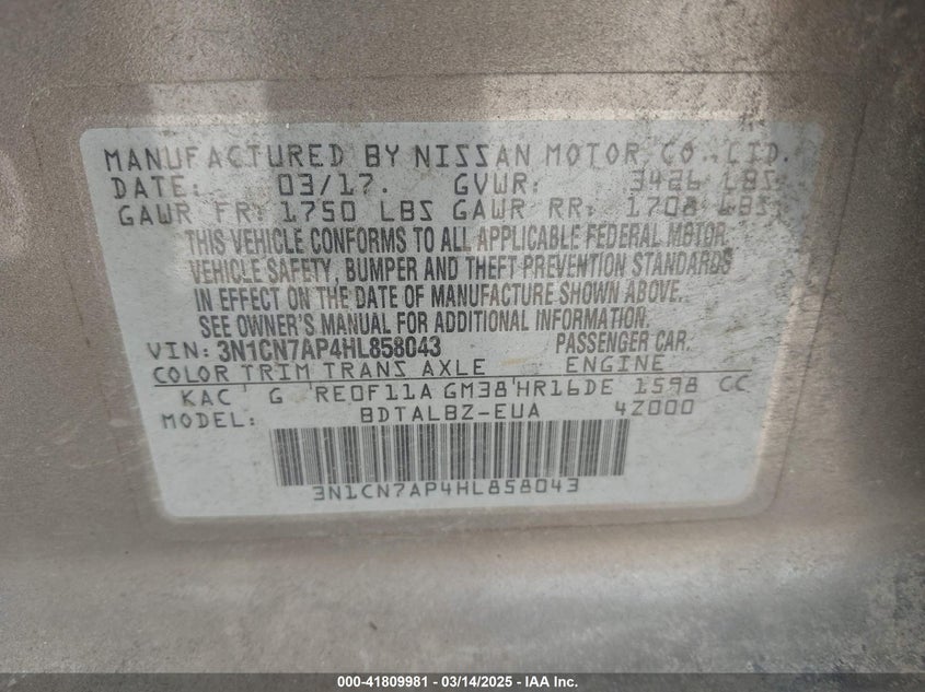 2017 NISSAN VERSA 1.6 SV - 3N1CN7AP4HL858043