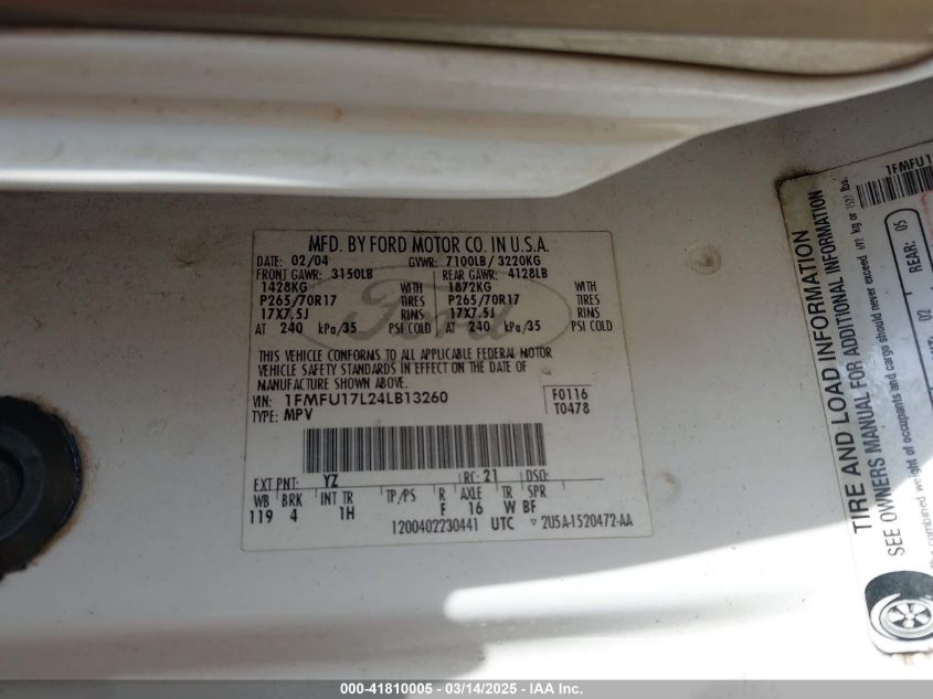 2004 Ford Expedition Eddie Bauer VIN: 1FMFU17L24LB13260 Lot: 41810005