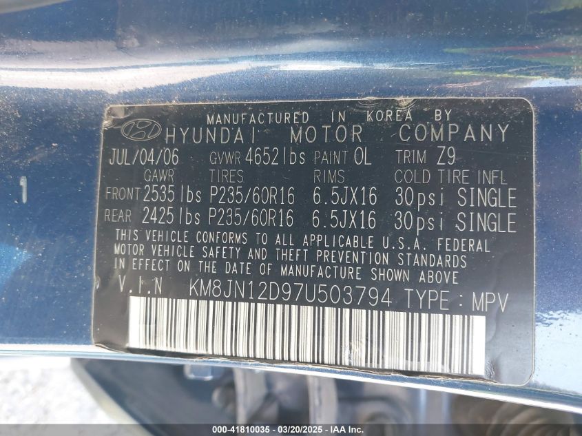 2007 Hyundai Tucson Limited/Se VIN: KM8JN12D97U503794 Lot: 41810035