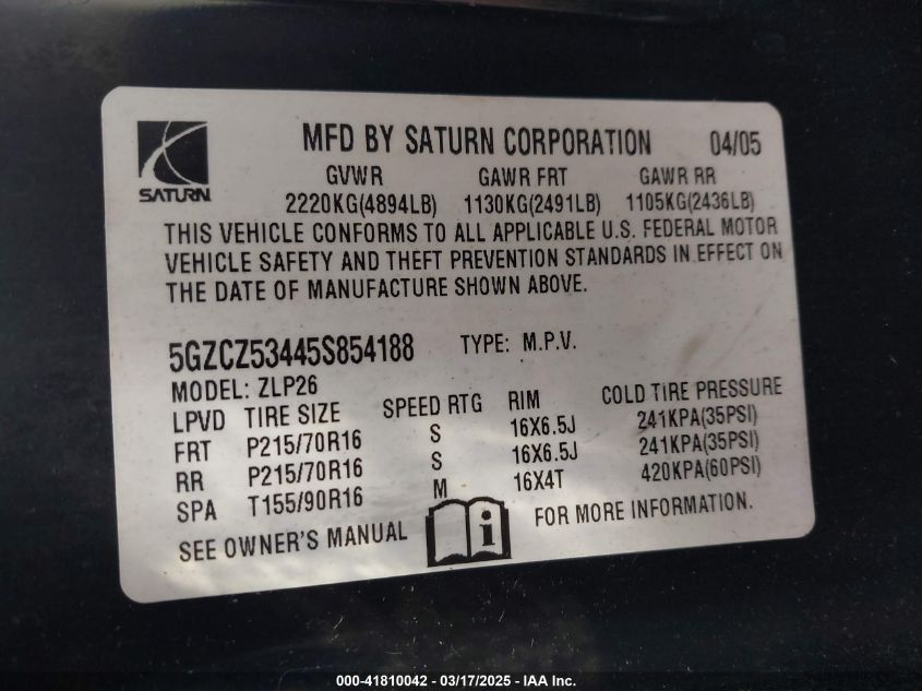 2005 Saturn Vue V6 VIN: 5GZCZ53445S854188 Lot: 41810042