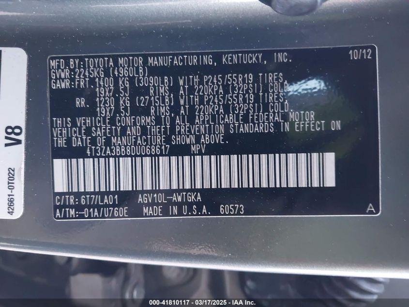 2013 Toyota Venza Le VIN: 4T3ZA3BB8DU06861 Lot: 41810117