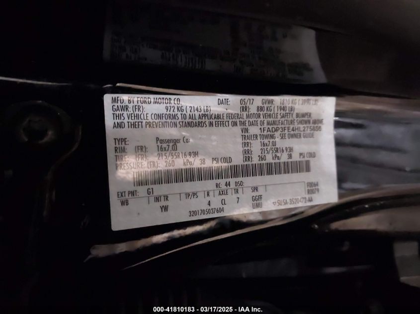 2017 Ford Focus Se VIN: 1FADP3FE4HL275856 Lot: 41810183
