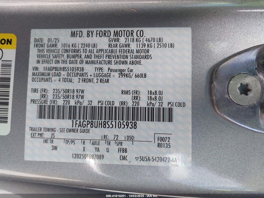 2025 Ford Mustang Ecoboost Premium VIN: 1FAGP8UH8S5105938 Lot: 41810201