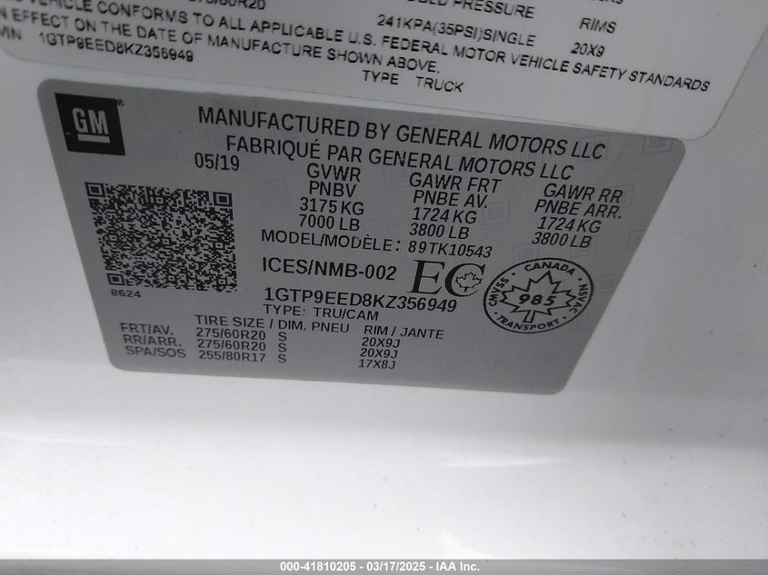 2019 GMC SIERRA VIN: 1GTP9EED8KZ356949